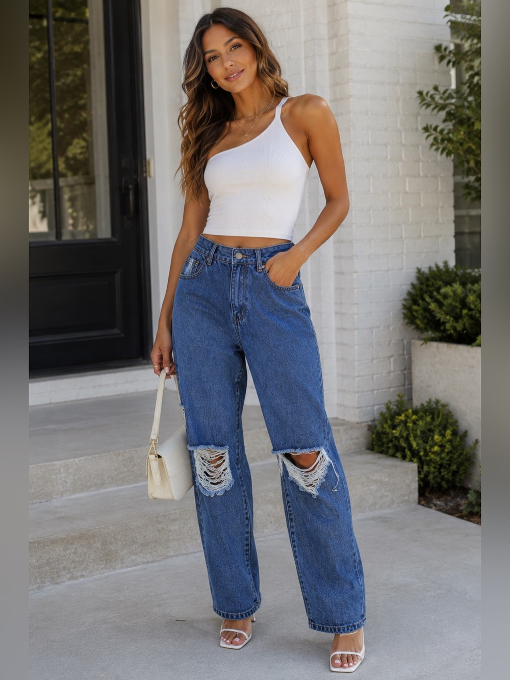 Boohoo Blue High-Waisted Distressed Mom Jeans - Size US 4 #88